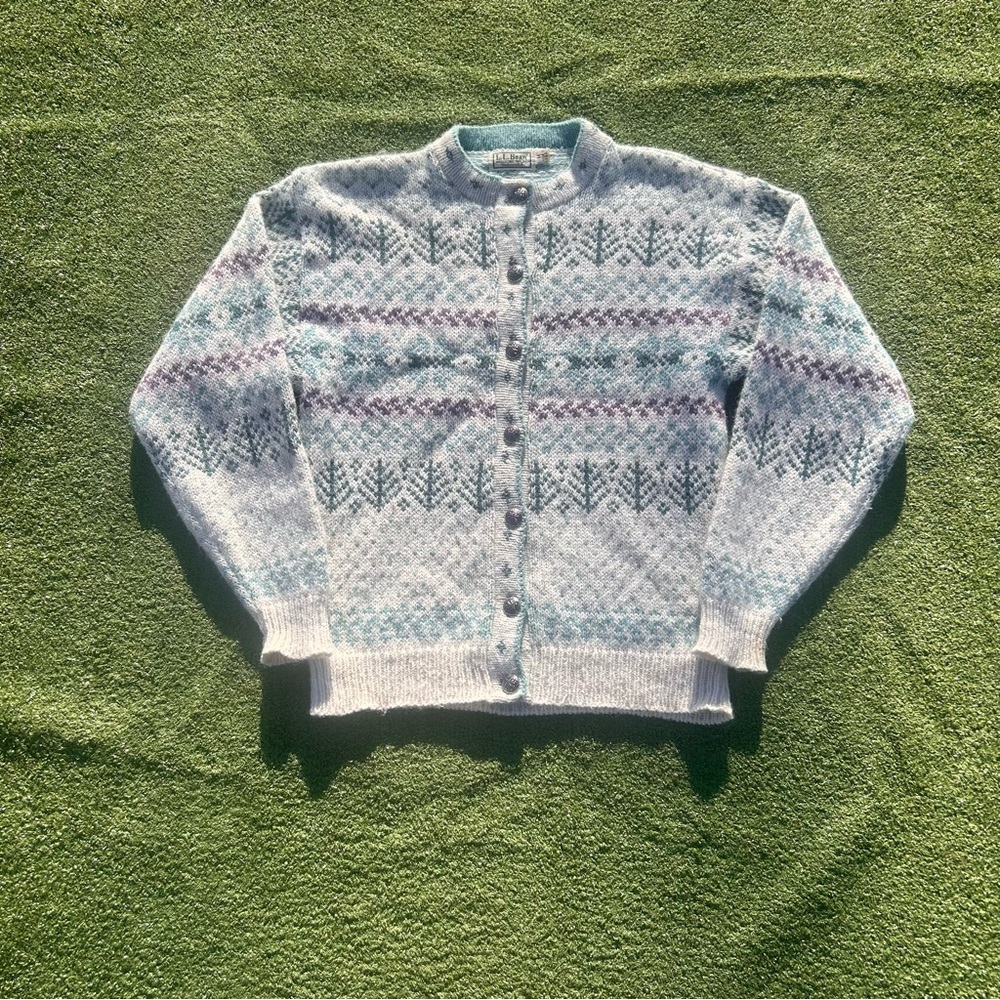 Vintage LL bean Wool Cardigan with nordic style teal/white/purple